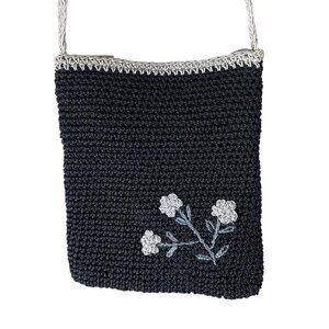 Chateau Purse Woven Black Gray Floral Crossbody Purse Zip Top 6x7.5